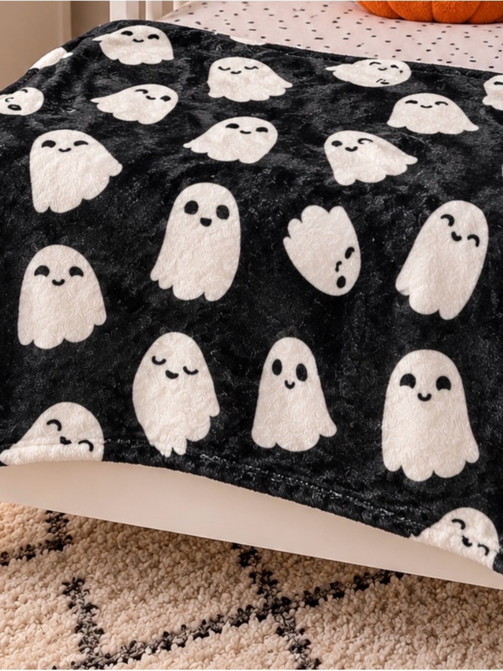 Black with white ghost Halloween throw blanket-KIDS size 30 x 39 in.